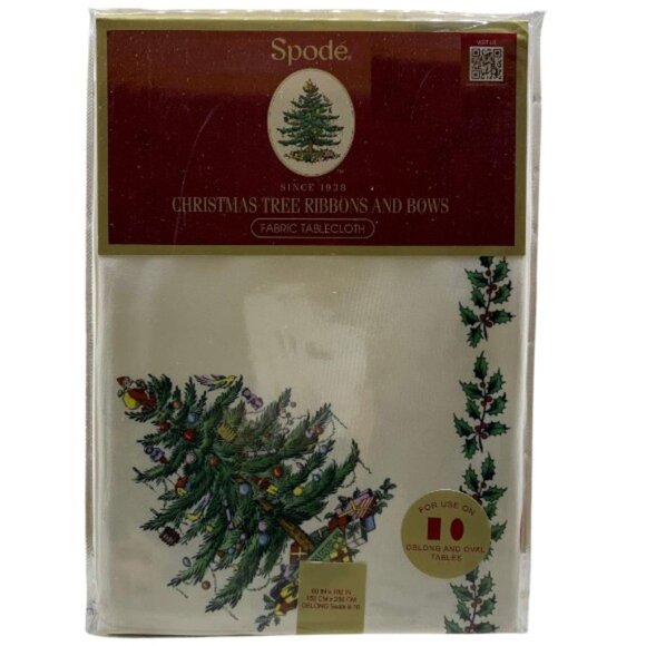 Spode Christmas Tree Ribbons and Bows Tablecloth 60x102 Fabric NWT - Picture 1 of 8